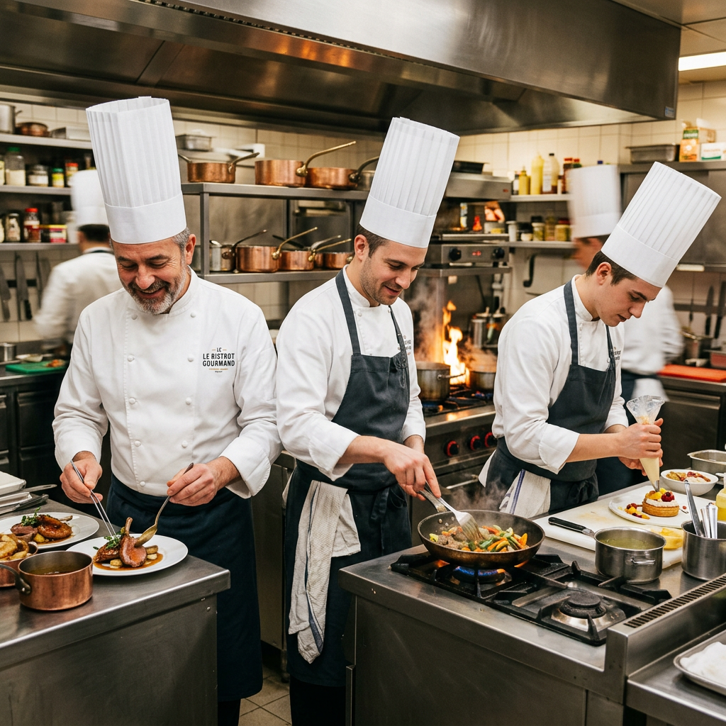 Three professional chefs in white uniforms and tall hats preparing plated dishes and stirring food in pans in a commercial kitchen
